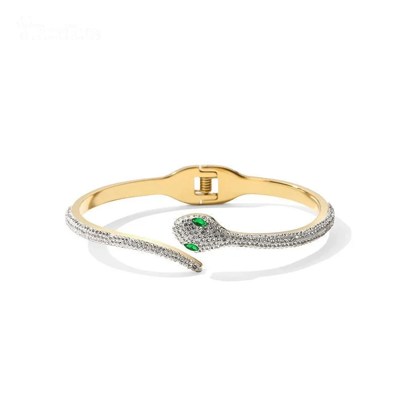 Snake Bangle with Crystal Pavé Green Eyes, Stainless Steel