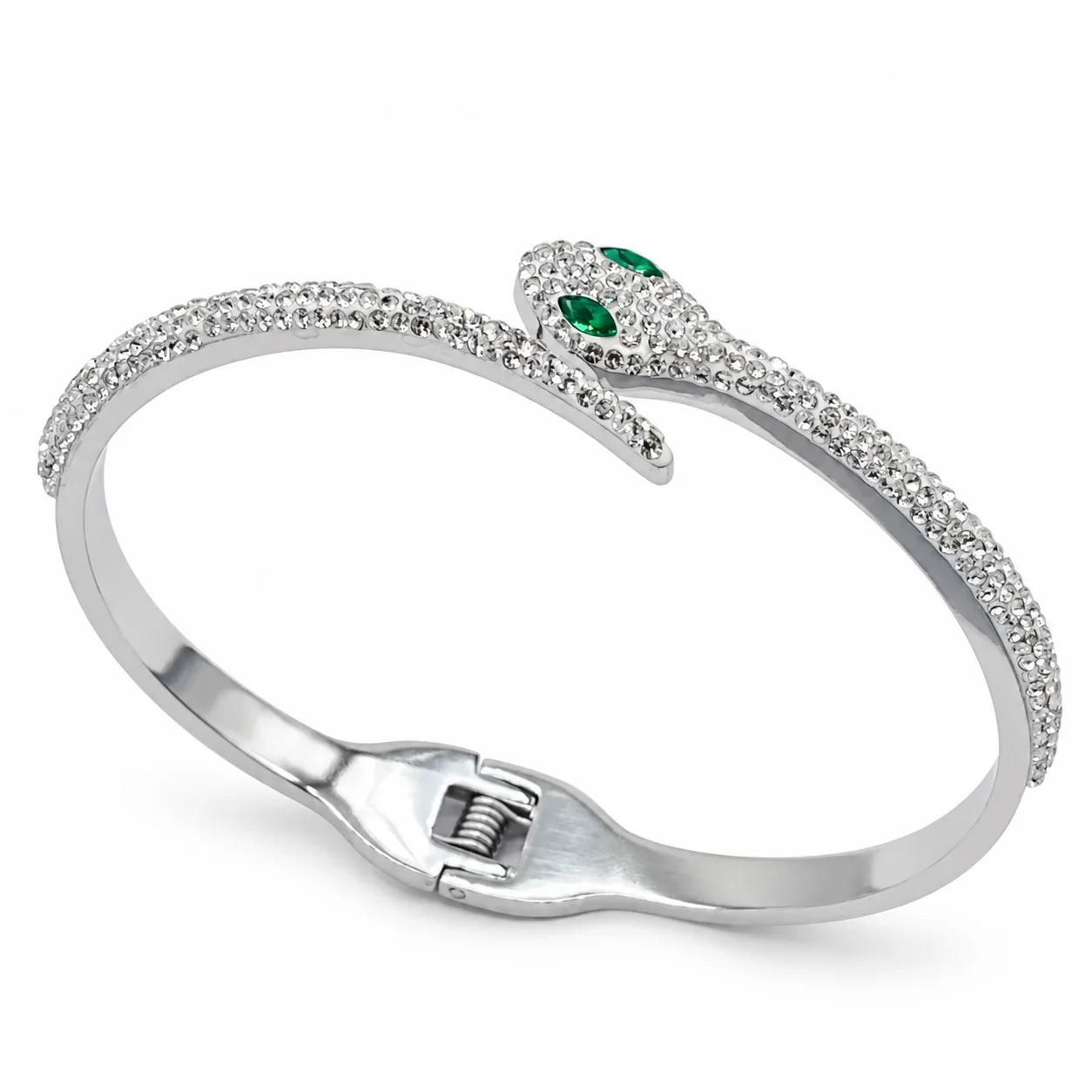 Snake Bangle with Crystal Pavé Green Eyes, Stainless Steel - Silver