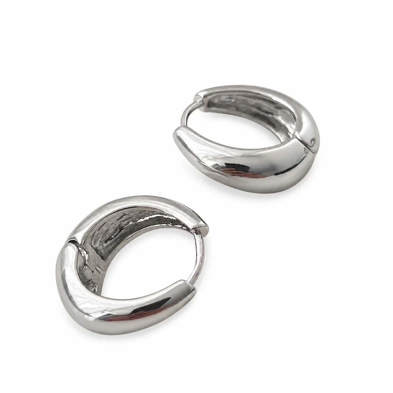 Polished Stainless Steel Puffy Huggie Hoop Earrings - Silver