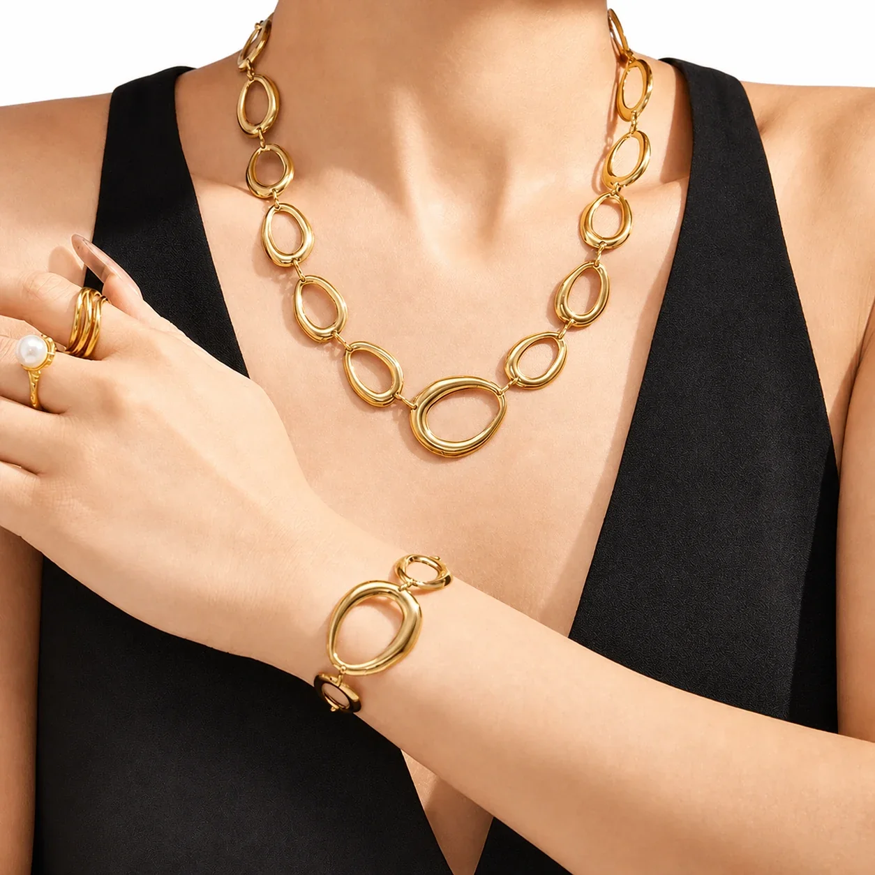 Photo produit : Parure de bijoux sculpturale en acier inoxydable 316L à maillons ovales, plaquée or - PVD