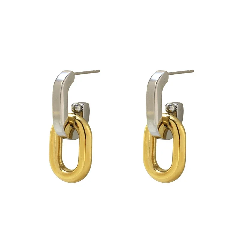 Drop Earrings Two-Tone Oval Link 18K Gold-Plated Steel