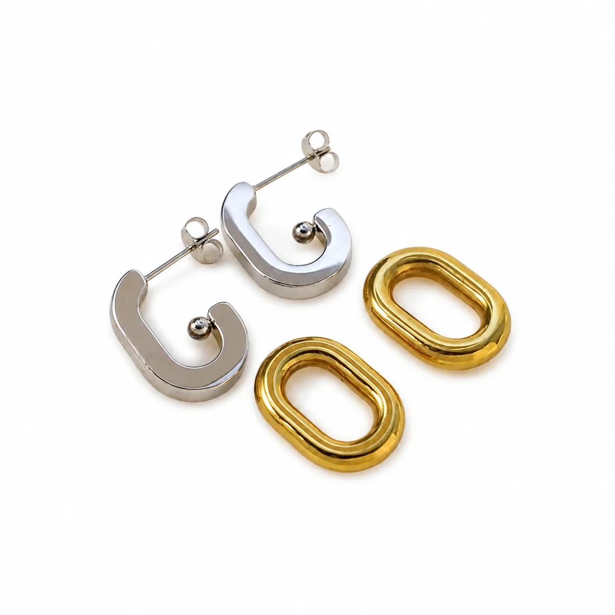 Drop Earrings Two-Tone Oval Link 18K Gold-Plated Steel