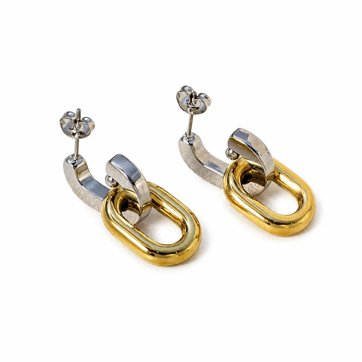 Drop Earrings Two-Tone Oval Link 18K Gold-Plated Steel