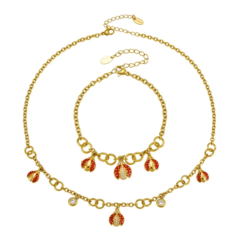 Playful 18K Gold PVD Ladybug Enamel CZ Charm Set 316L Stainless Steel