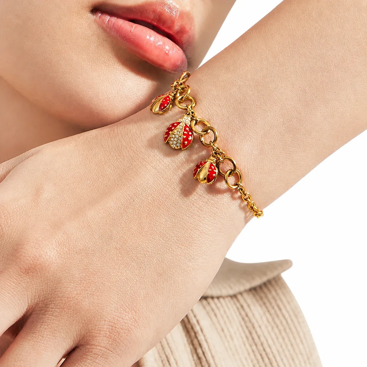 Playful 18K Gold-Plated Ladybug Enamel CZ Charm Set
