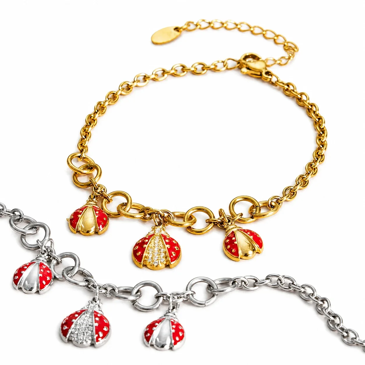 Playful 18K Gold-Plated Ladybug Enamel CZ Charm Set