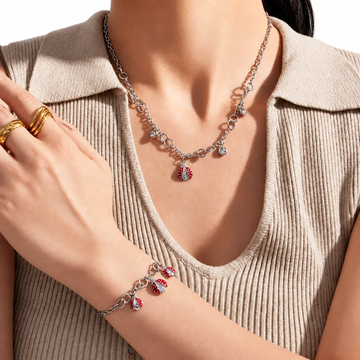 Playful 18K Gold-Plated Ladybug Enamel CZ Charm Set