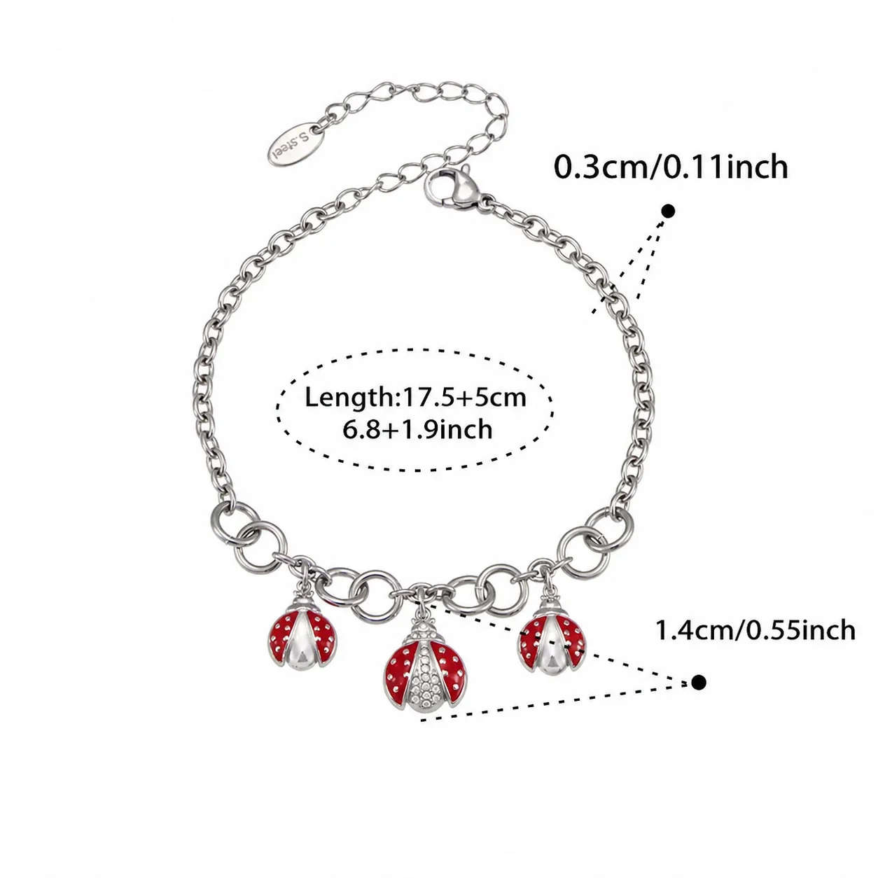 Playful 18K Gold-Plated Ladybug Enamel CZ Charm Set - Silver 17.5+5 cm