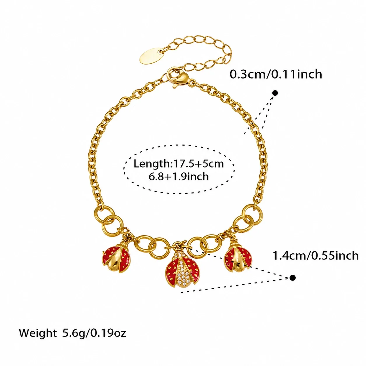 Playful 18K Gold-Plated Ladybug Enamel CZ Charm Set - Gold 17.5+5 cm