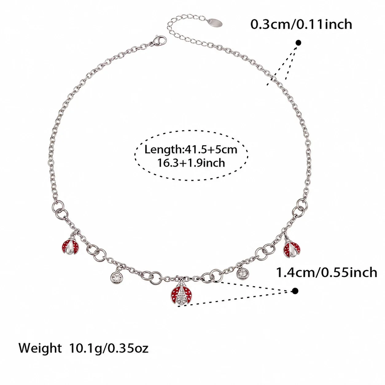 Playful 18K Gold-Plated Ladybug Enamel CZ Charm Set - Silver 41.5+5 cm