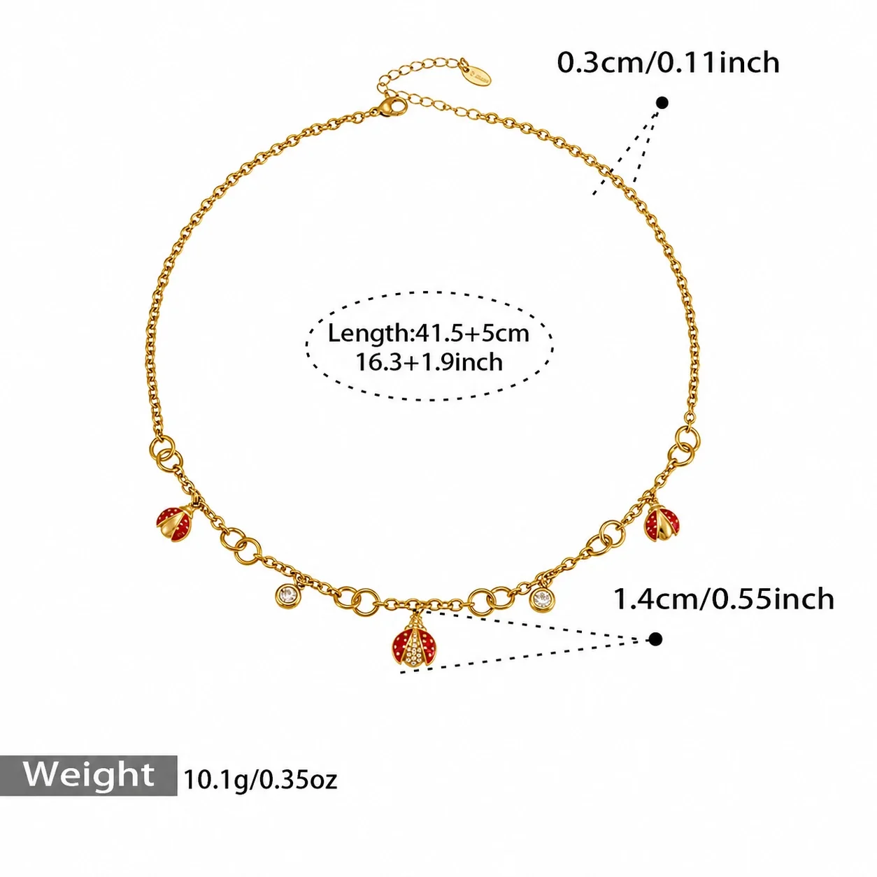 Playful 18K Gold-Plated Ladybug Enamel CZ Charm Set - Gold 41.5+5 cm