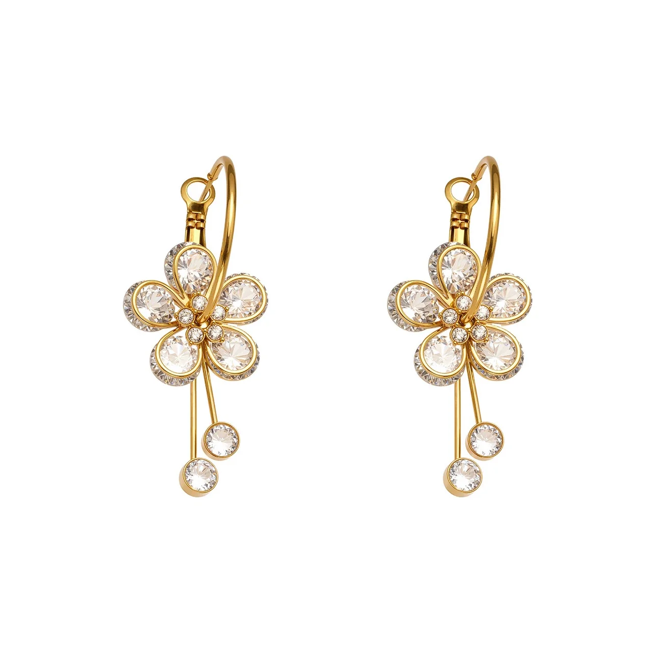 Radiant 18K Gold-Plated Five-Petal CZ Tassel Hoop Earrings