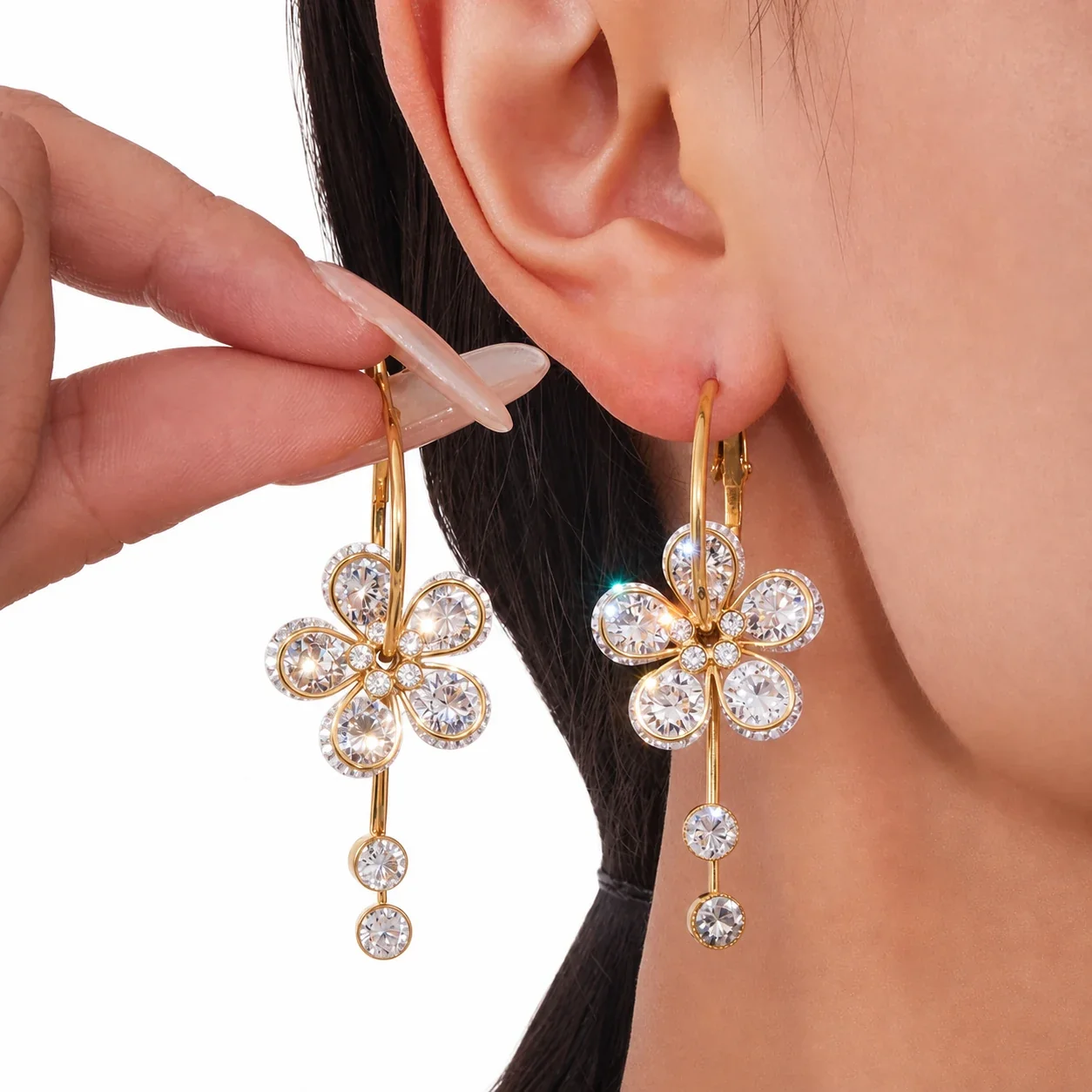Radiant 18K Gold-Plated Five-Petal CZ Tassel Hoop Earrings