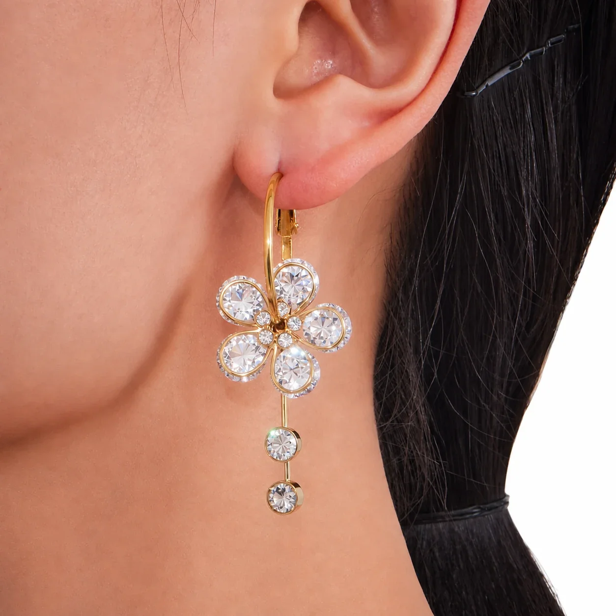 Radiant 18K Gold-Plated Five-Petal CZ Tassel Hoop Earrings