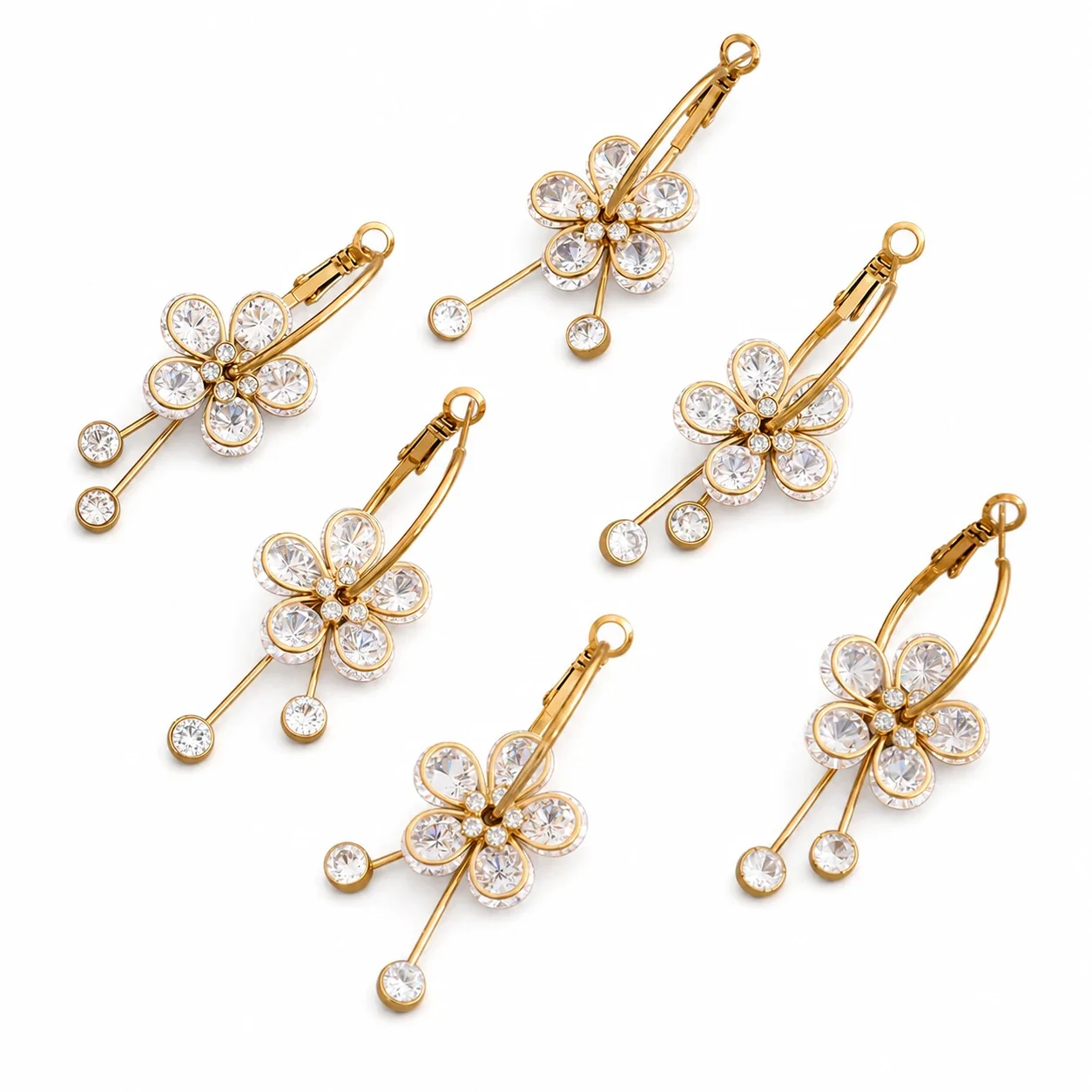 Radiant 18K Gold-Plated Five-Petal CZ Tassel Hoop Earrings