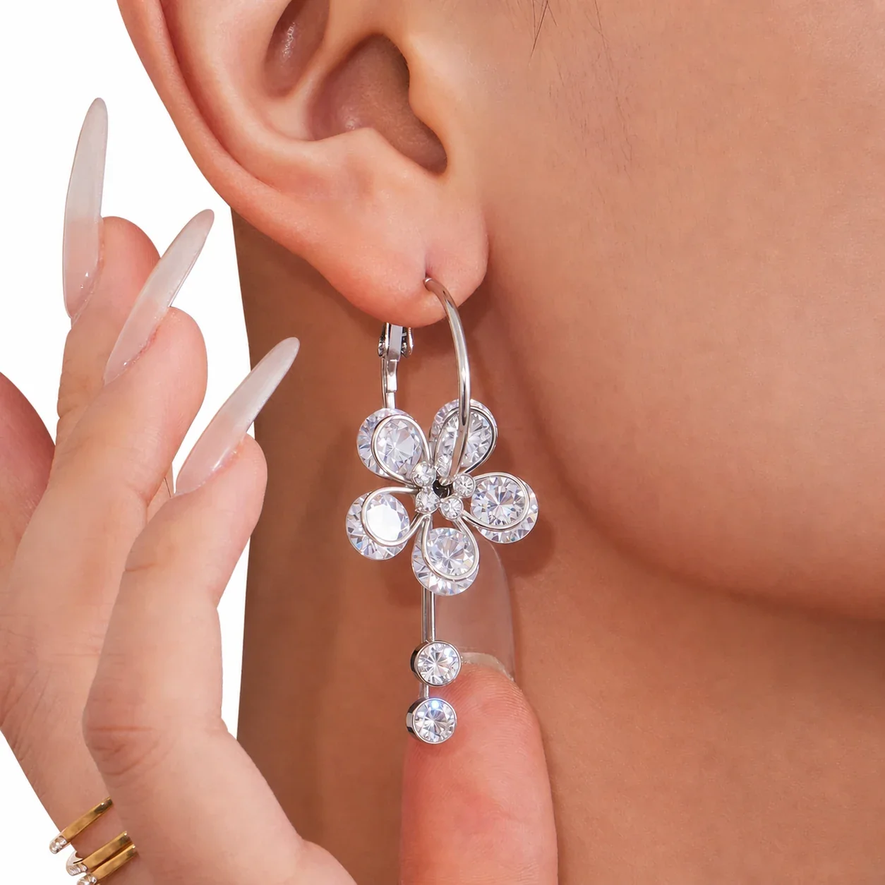 Radiant 18K Gold-Plated Five-Petal CZ Tassel Hoop Earrings