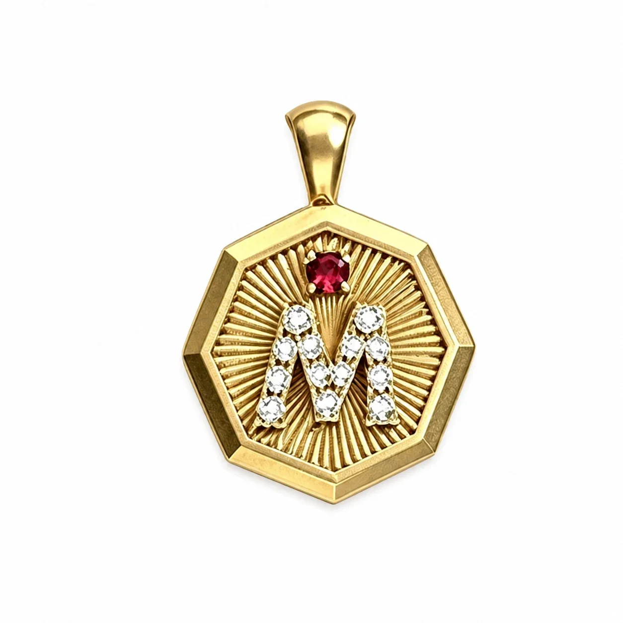 Octagonal 18K Gold-Plated Crystal M Sunburst Pendant