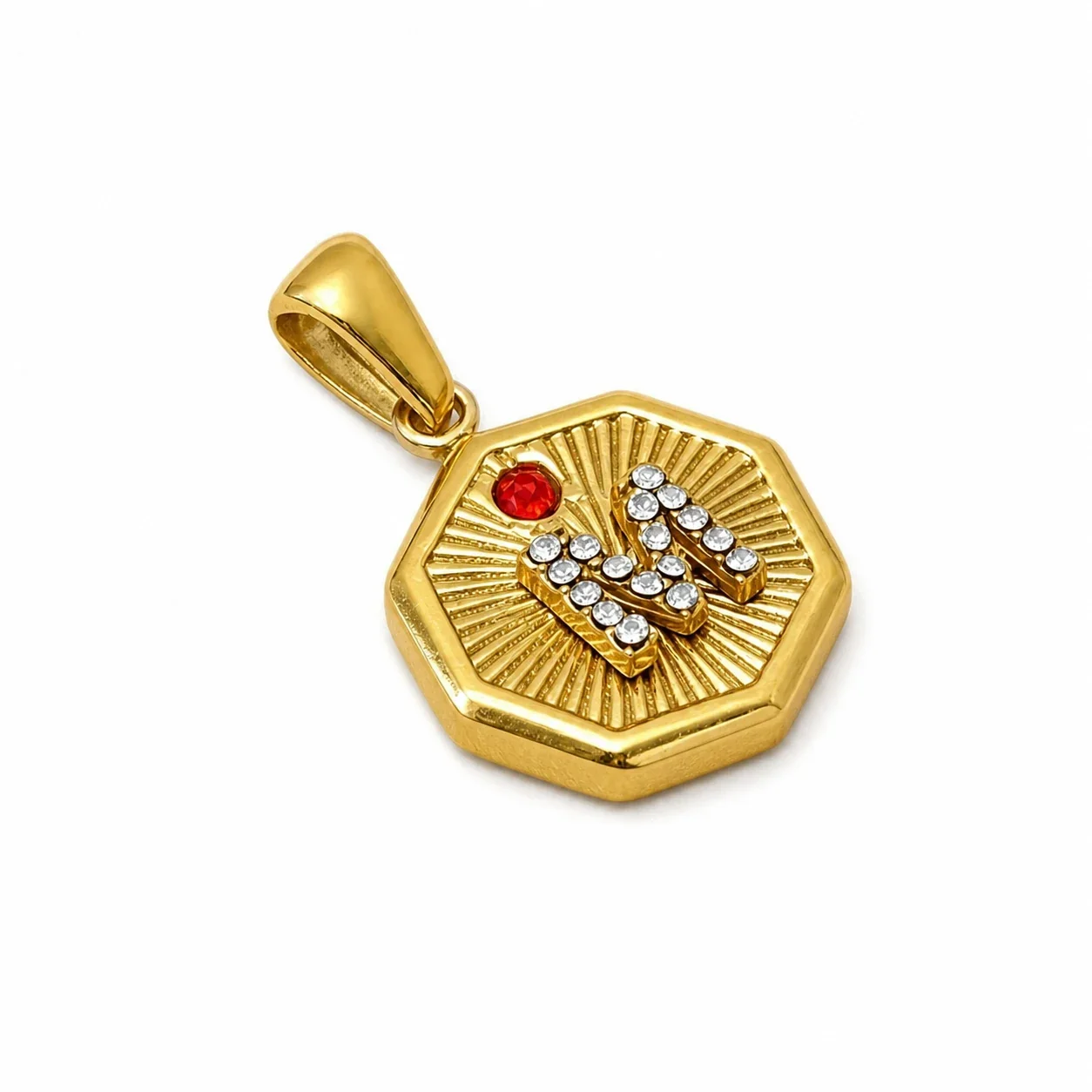 Octagonal 18K Gold-Plated Crystal M Sunburst Pendant