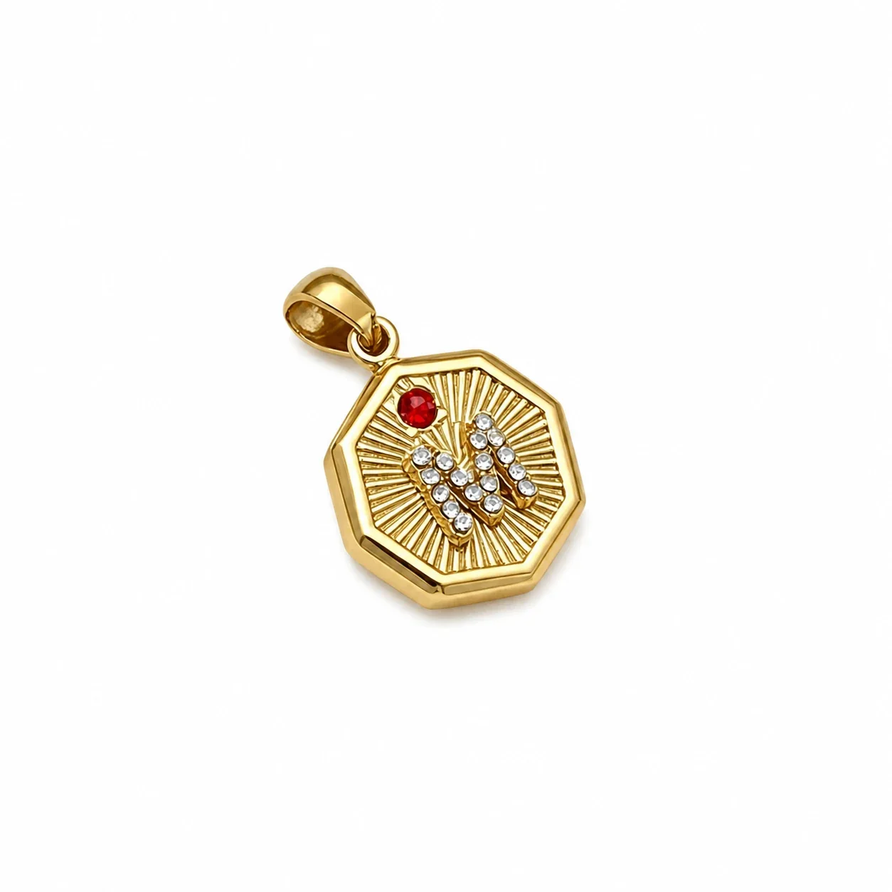 Octagonal 18K Gold-Plated Crystal M Sunburst Pendant