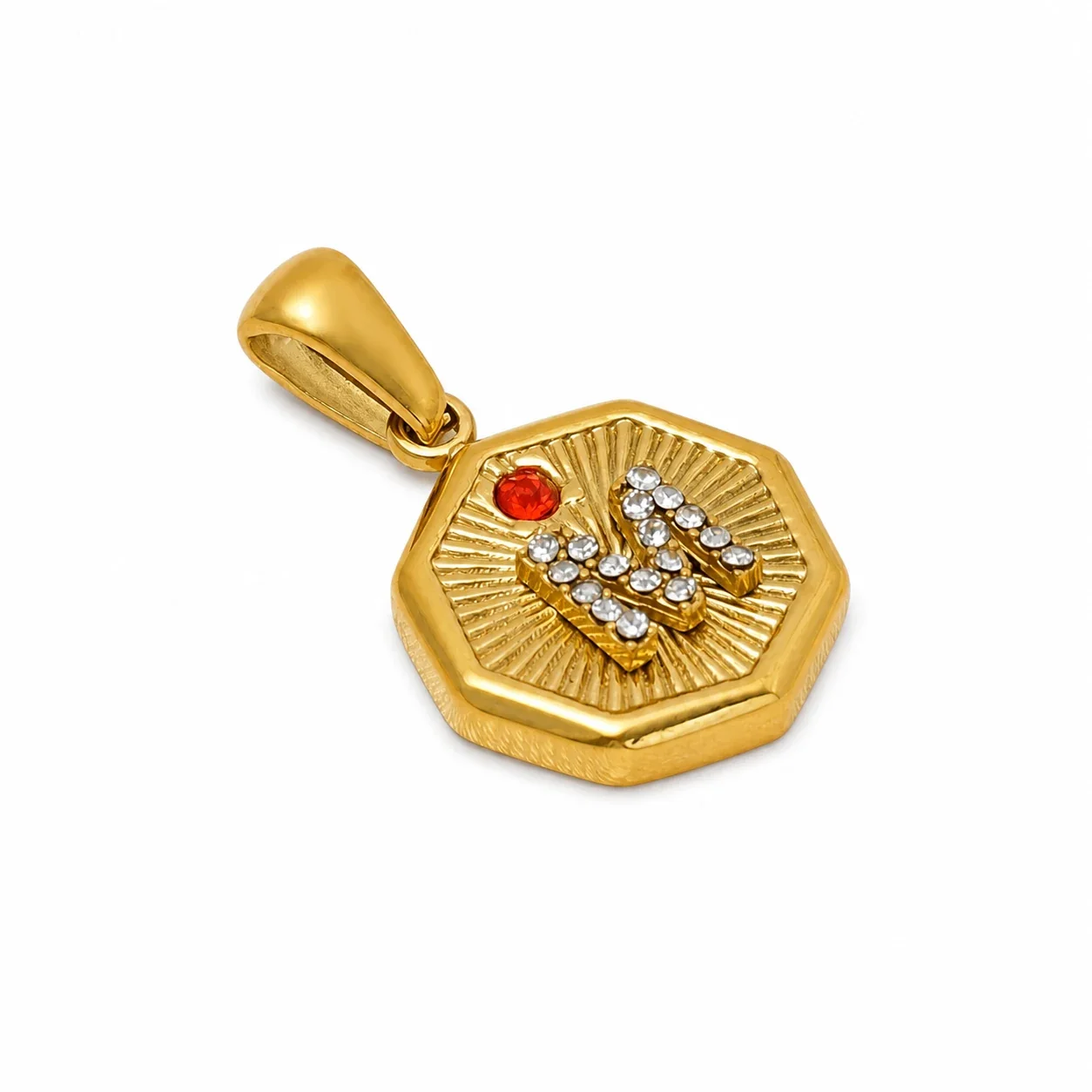 Octagonal 18K Gold-Plated Crystal M Sunburst Pendant
