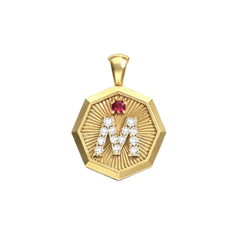 Octagonal 18K Gold-Plated Crystal M Sunburst Pendant