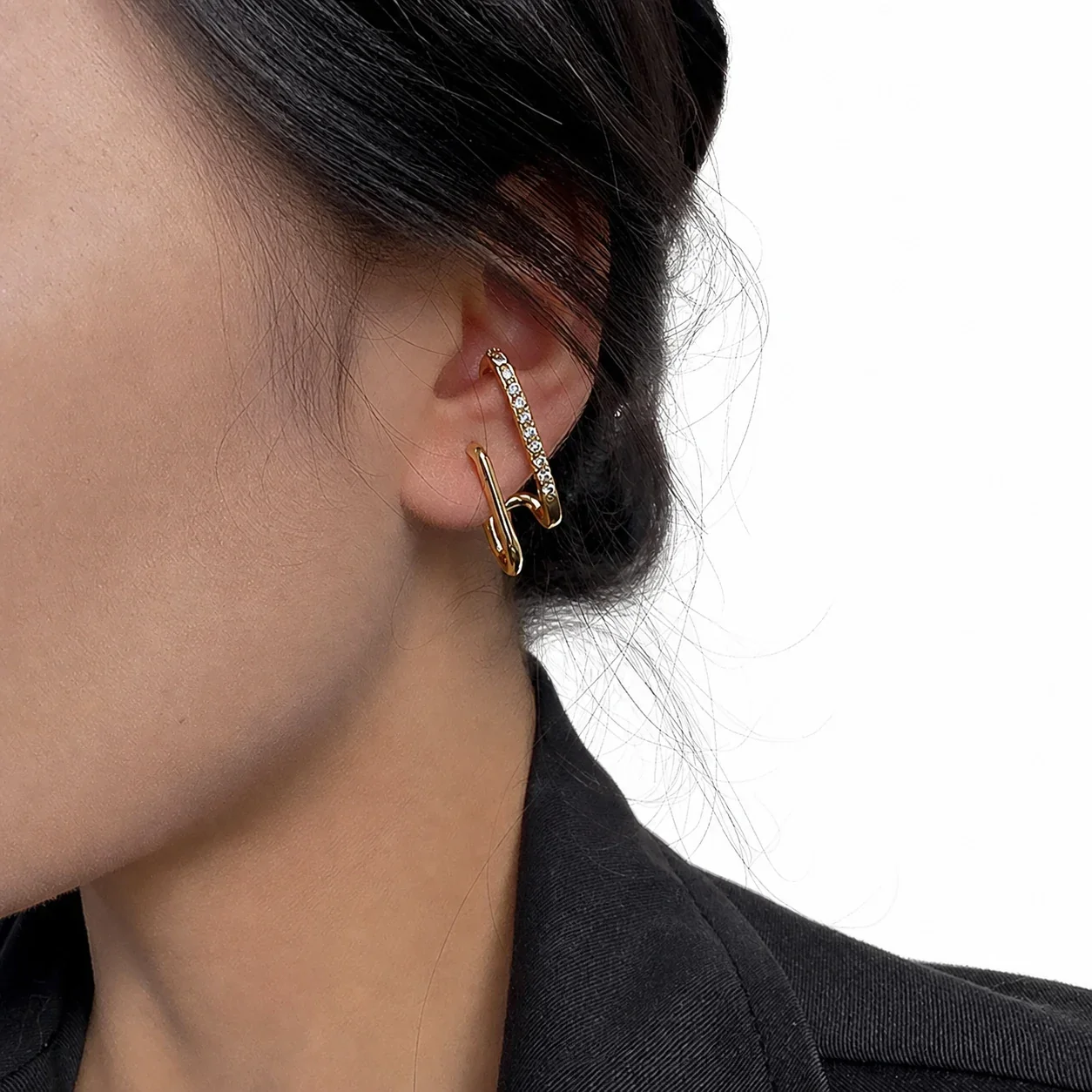 Sculptural Stainless Steel Pavé Bar Hoop Earrings