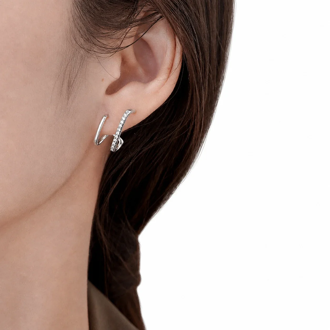 Sculptural Stainless Steel Pavé Bar Hoop Earrings - Steel