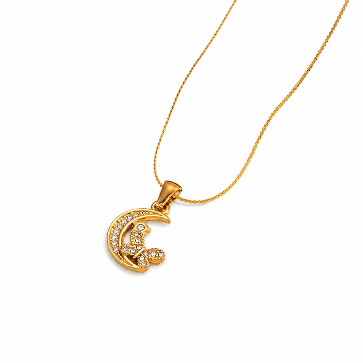 Dainty Gold-Tone S-Chain CZ Motif Pendant Necklace - Gold Moon Star CZ