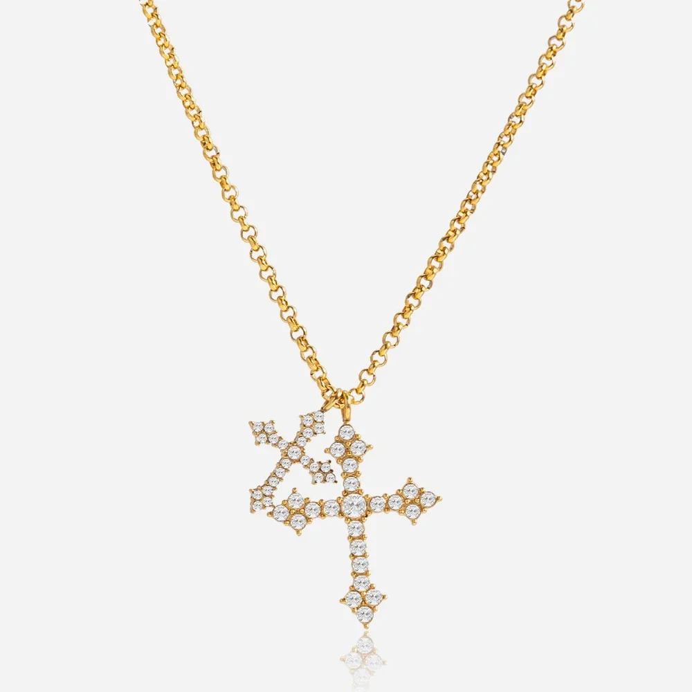 Ornate Gold-Plated 316L Stainless Steel Double Cross Necklace