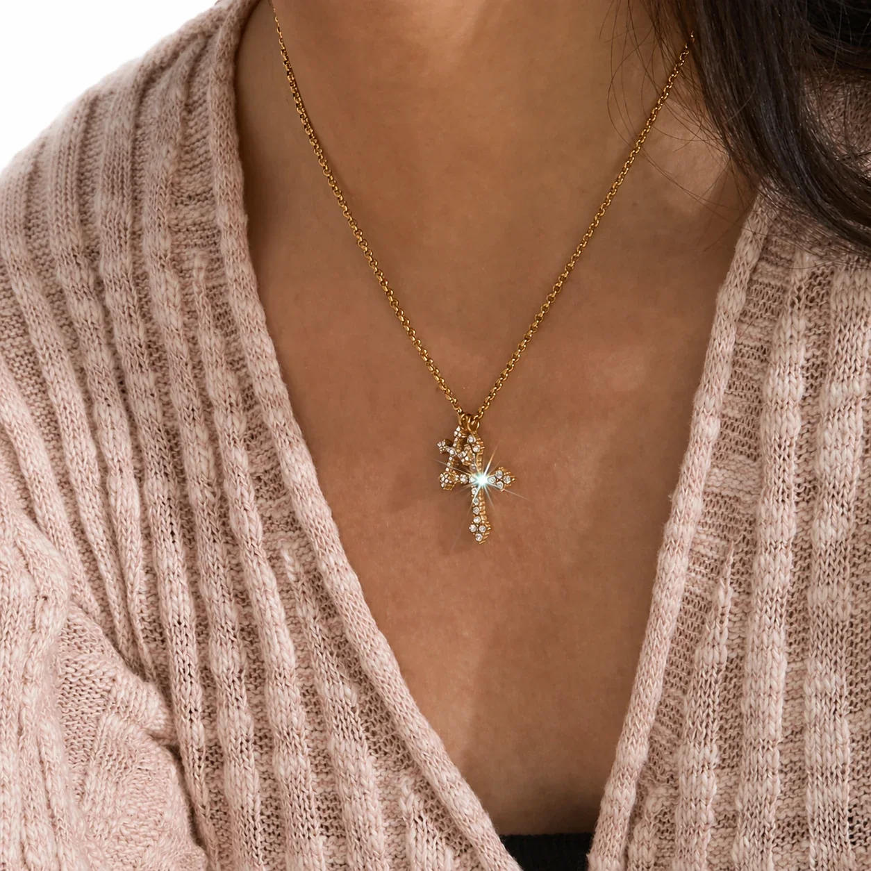Ornate Gold-Plated 316L Stainless Steel Double Cross Necklace