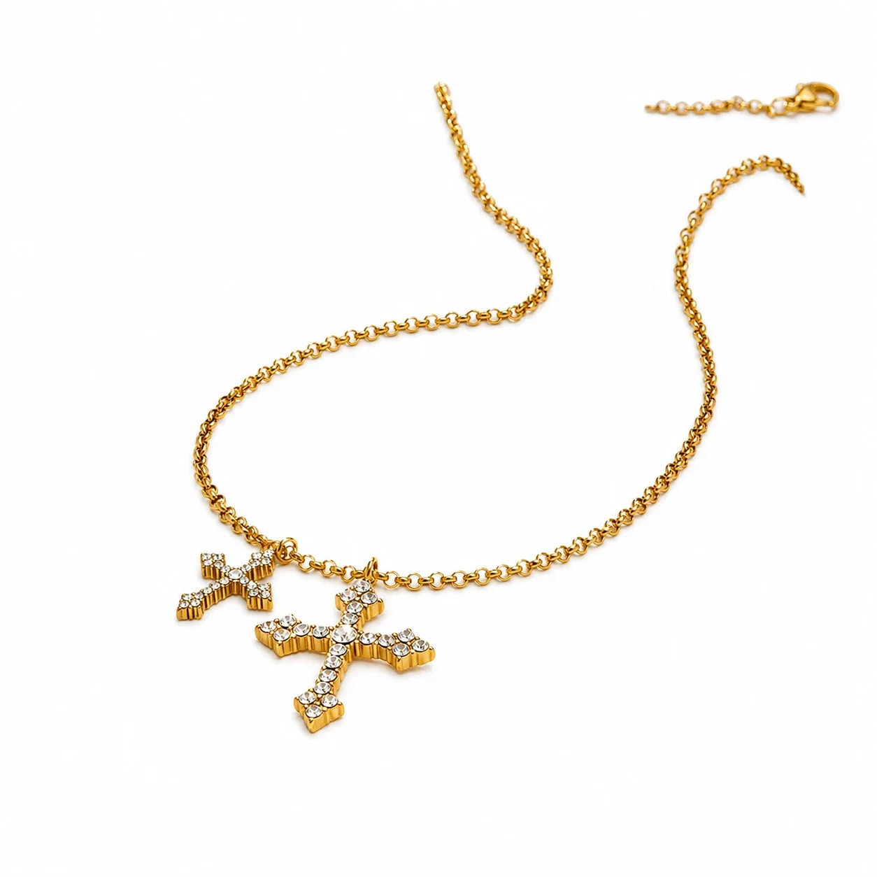 Ornate Gold-Plated 316L Stainless Steel Double Cross Necklace