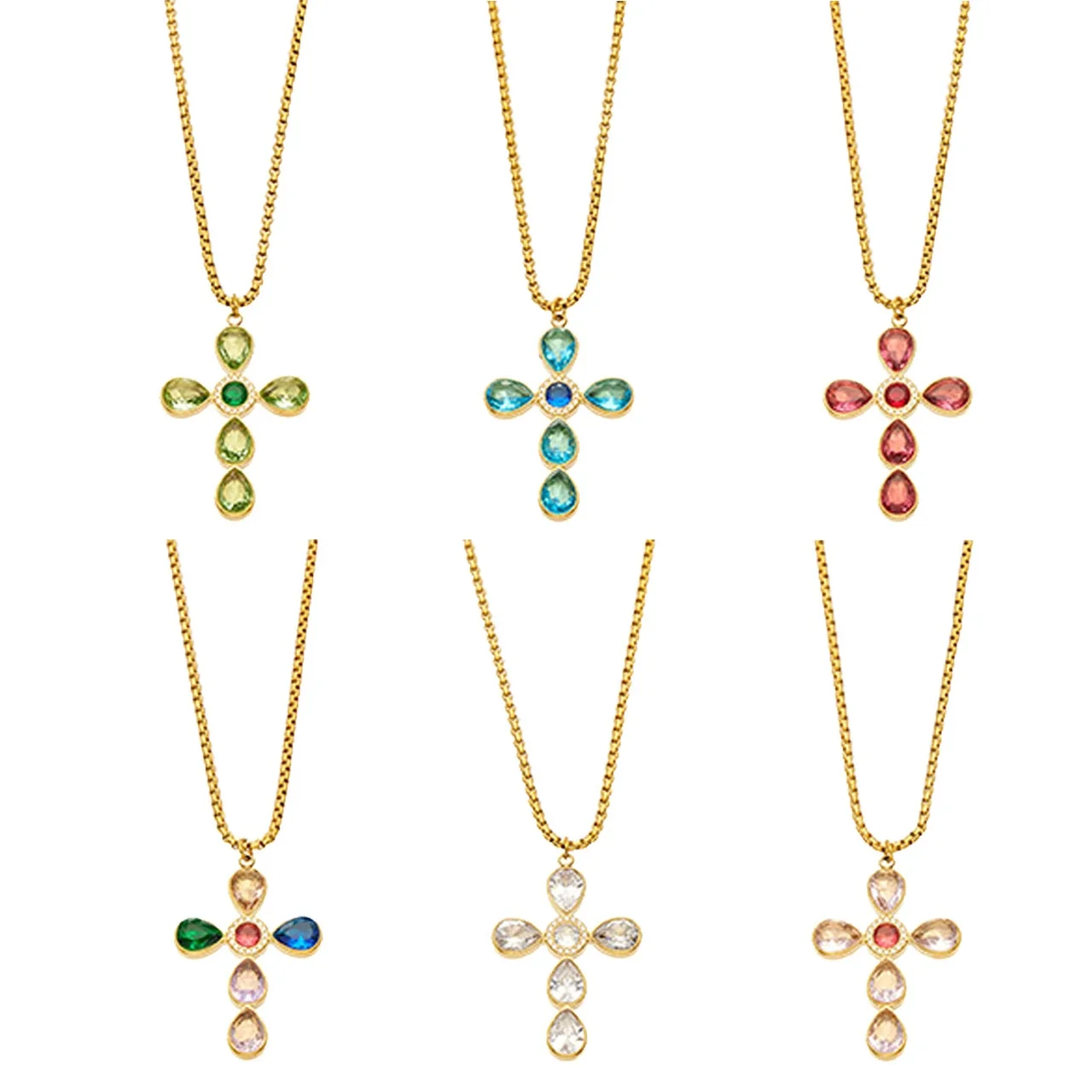 Cross Pendant Necklace with Teardrop CZ, Stainless Steel