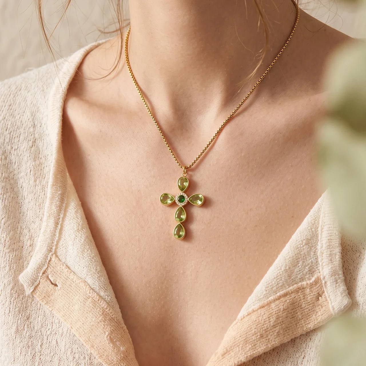 Cross Pendant Necklace with Teardrop CZ, Stainless Steel