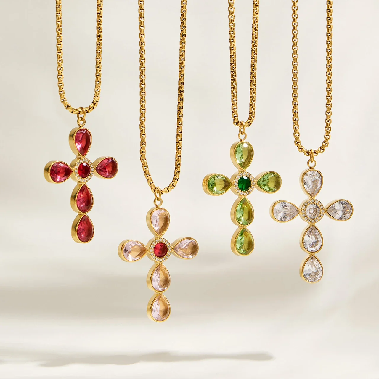 Cross Pendant Necklace with Teardrop CZ, Stainless Steel