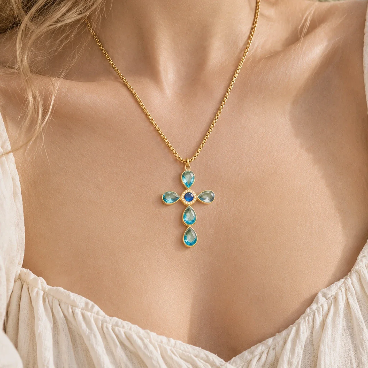Cross Pendant Necklace with Teardrop CZ, Stainless Steel