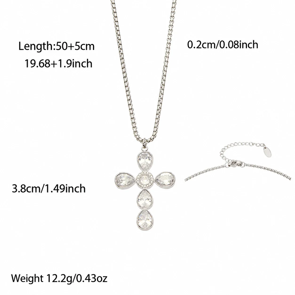 Cross Pendant Necklace with Teardrop CZ, Stainless Steel - Silver White CZ With
