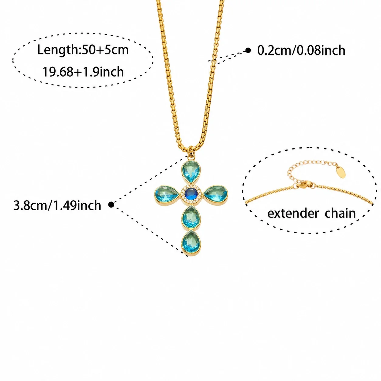 Cross Pendant Necklace with Teardrop CZ, Stainless Steel - Gold Green CZ With
