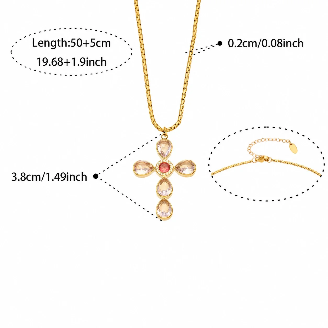 Cross Pendant Necklace with Teardrop CZ, Stainless Steel - Gold Purple CZ With