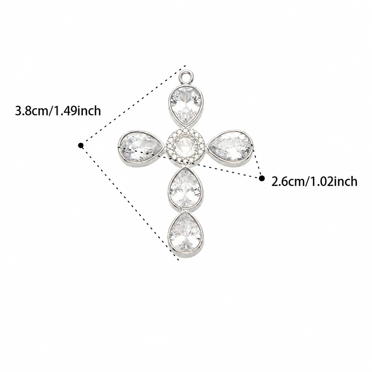 Cross Pendant Necklace with Teardrop CZ, Stainless Steel - Silver White CZ Without