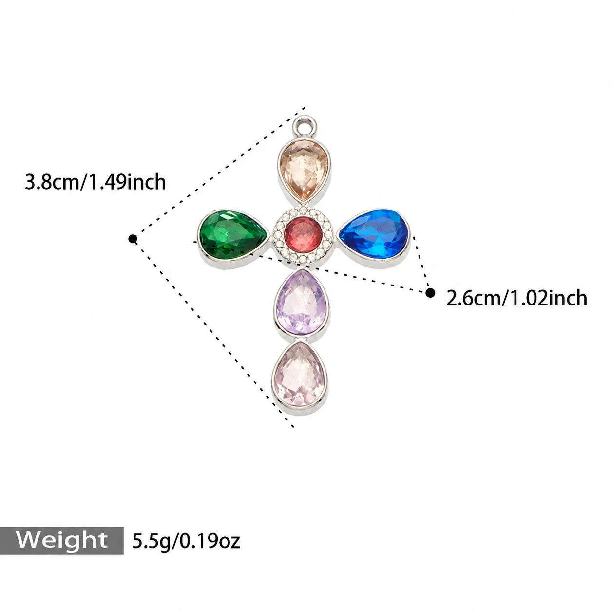 Cross Pendant Necklace with Teardrop CZ, Stainless Steel - Silver Multicolor CZ Without