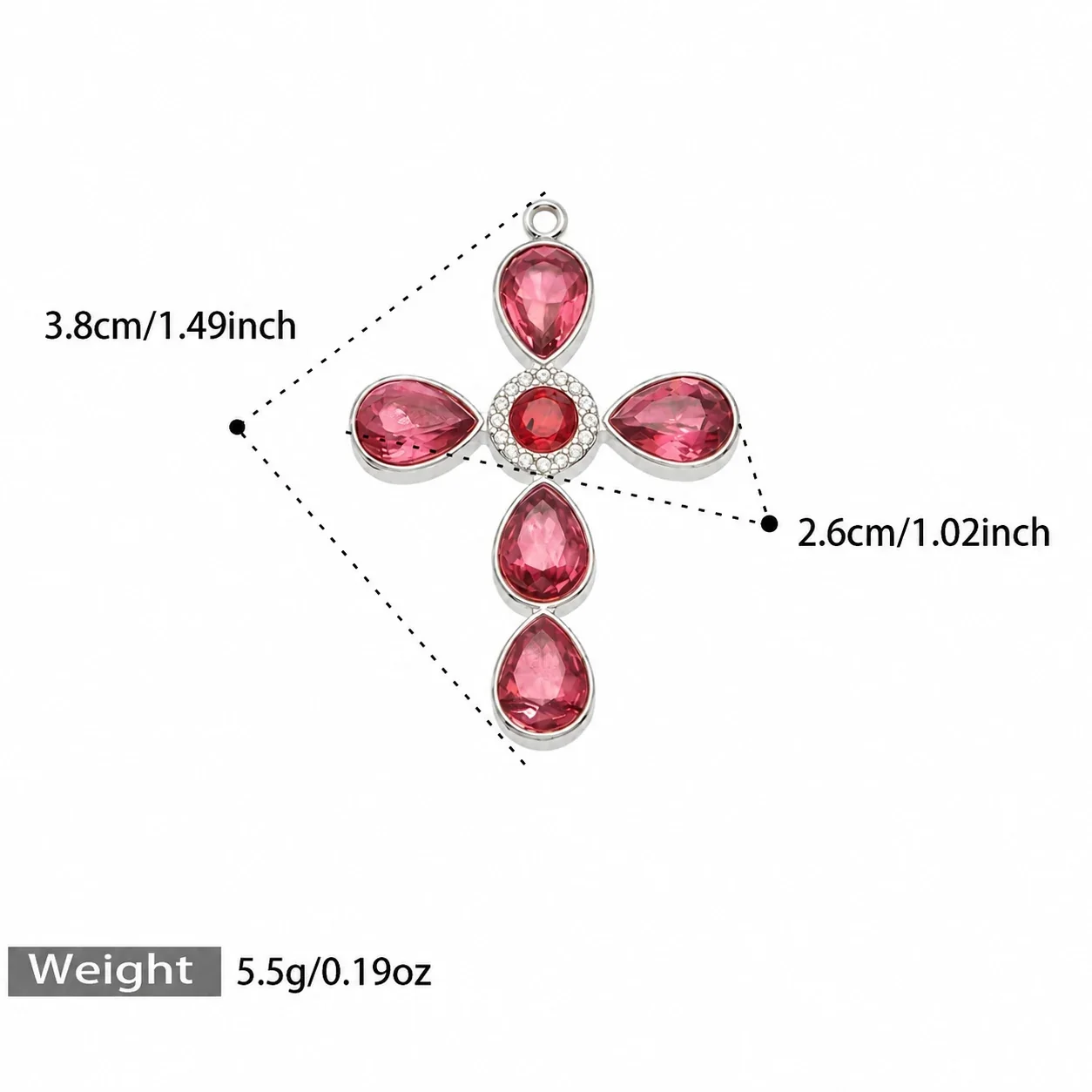 Cross Pendant Necklace with Teardrop CZ, Stainless Steel - Silver Red CZ Without