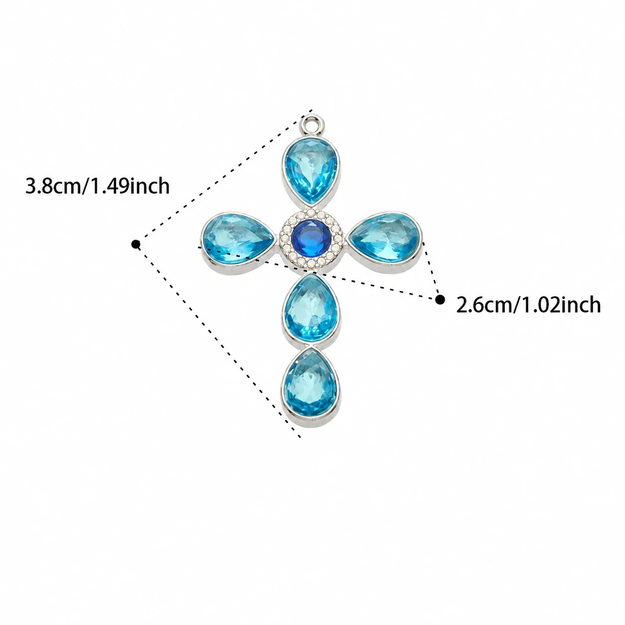 Cross Pendant Necklace with Teardrop CZ, Stainless Steel - Silver Blue CZ Without