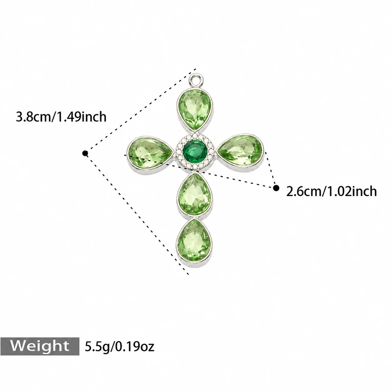 Cross Pendant Necklace with Teardrop CZ, Stainless Steel - Silver Green CZ Without