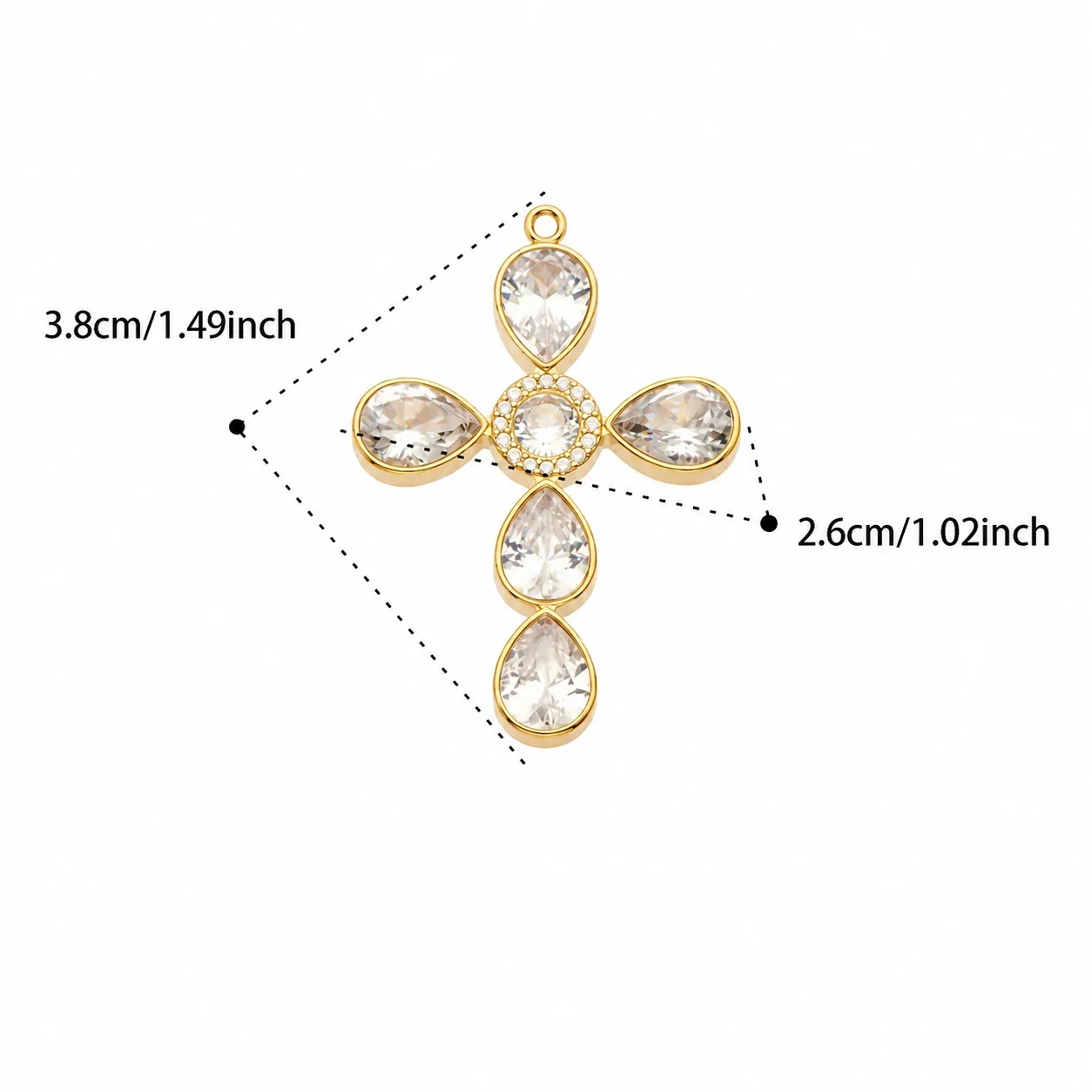 Cross Pendant Necklace with Teardrop CZ, Stainless Steel - Gold White CZ Without