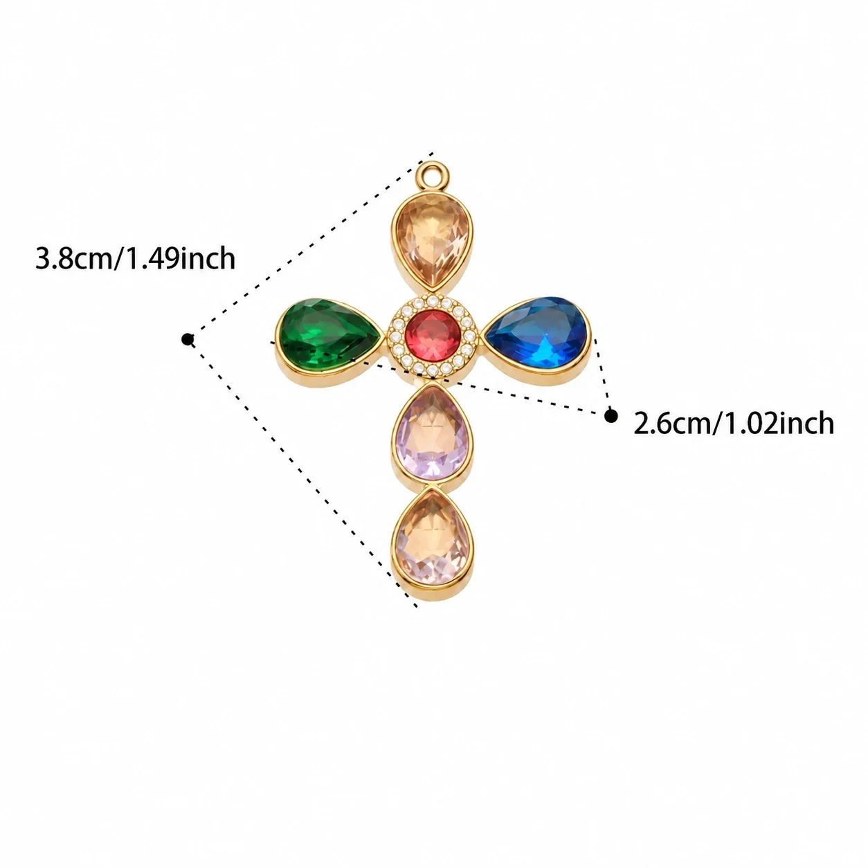 Cross Pendant Necklace with Teardrop CZ, Stainless Steel - Gold Multicolor CZ Without