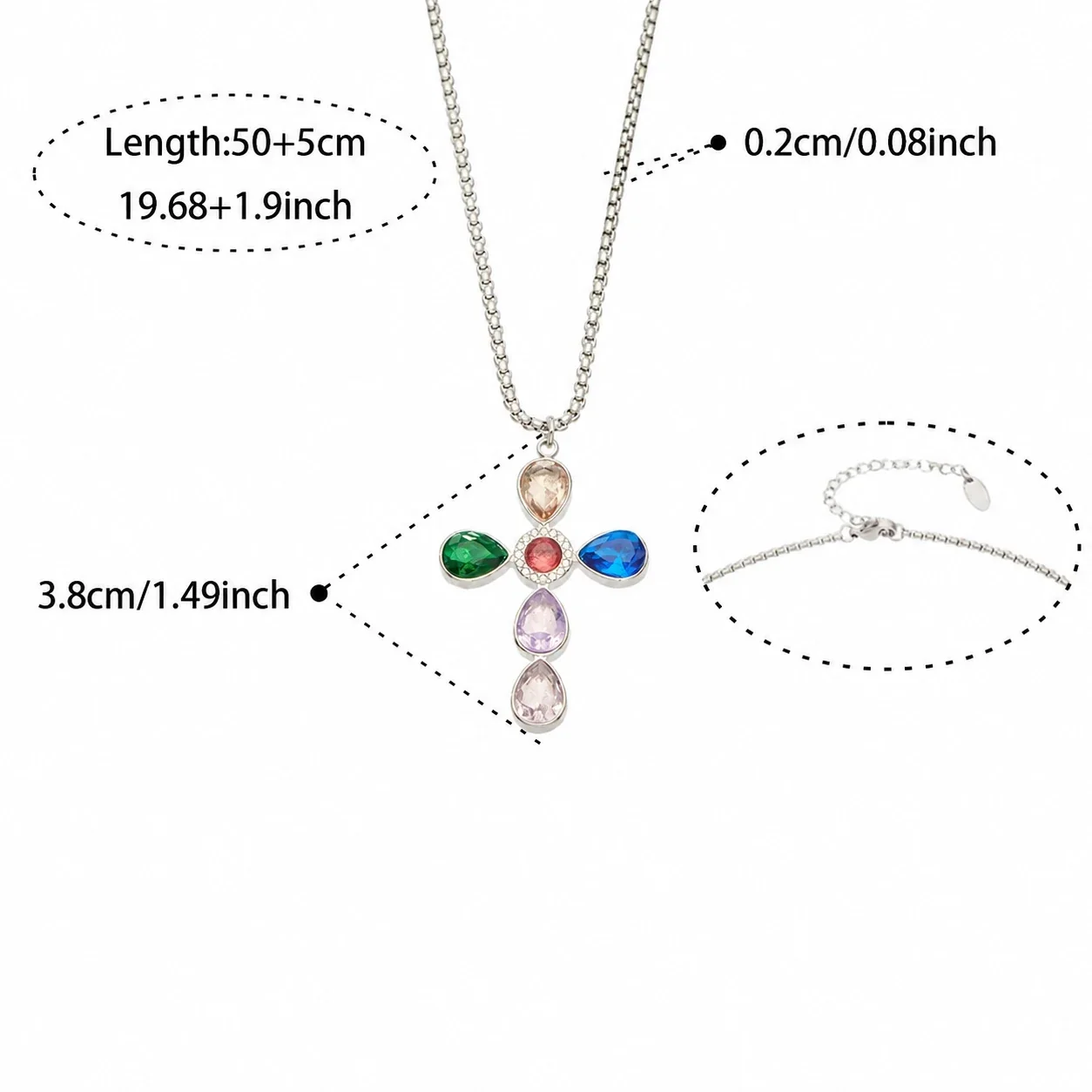 Cross Pendant Necklace with Teardrop CZ, Stainless Steel - Silver Multicolor CZ With