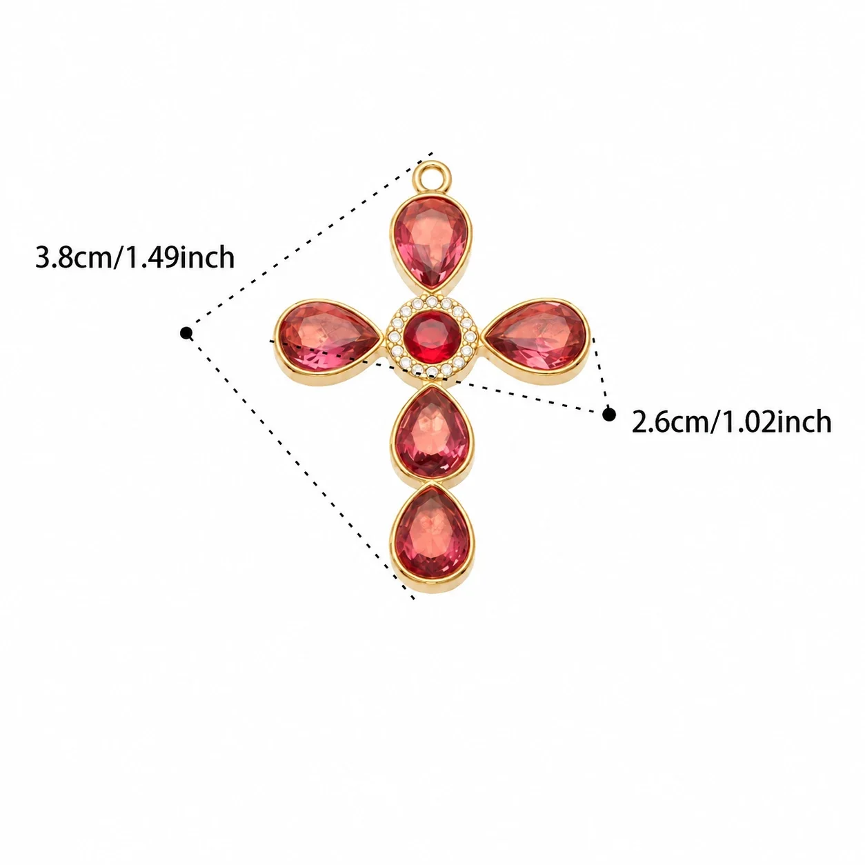 Cross Pendant Necklace with Teardrop CZ, Stainless Steel - Gold Red CZ Without