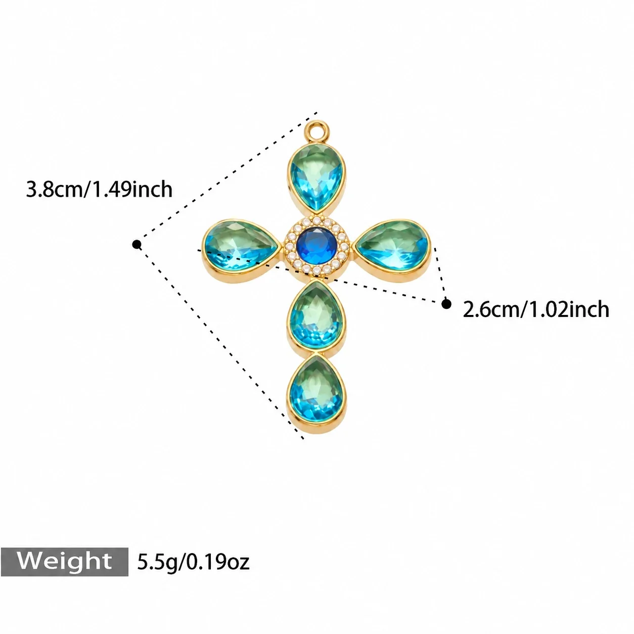 Cross Pendant Necklace with Teardrop CZ, Stainless Steel - Gold Blue CZ Without