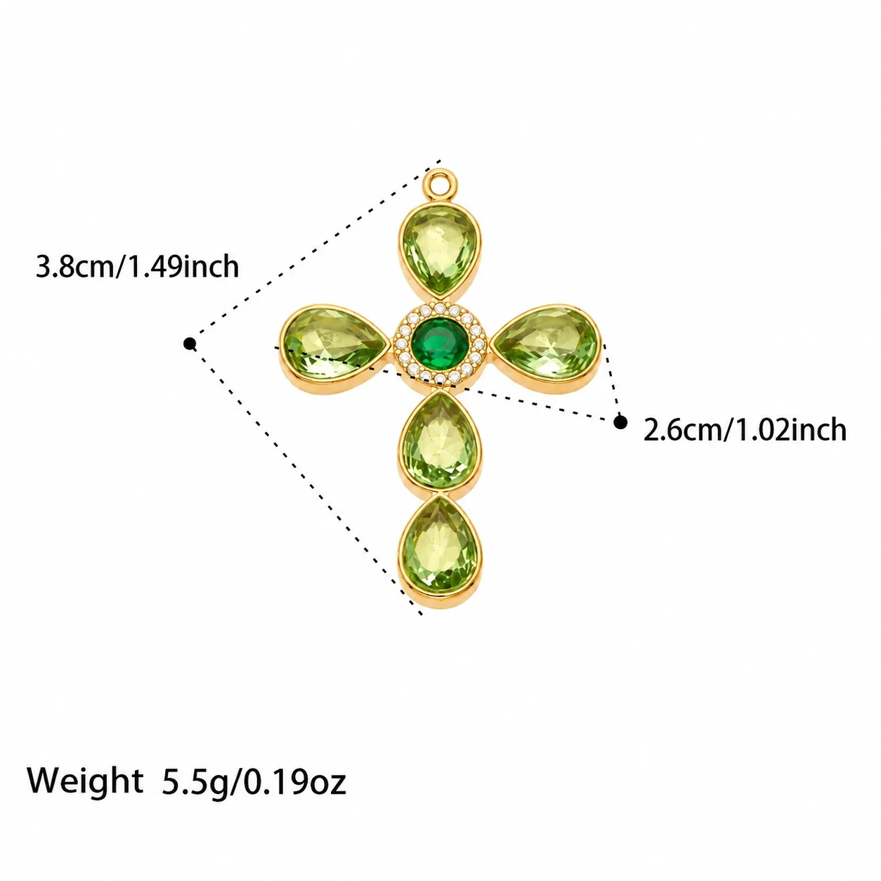 Cross Pendant Necklace with Teardrop CZ, Stainless Steel - Gold Green CZ Without