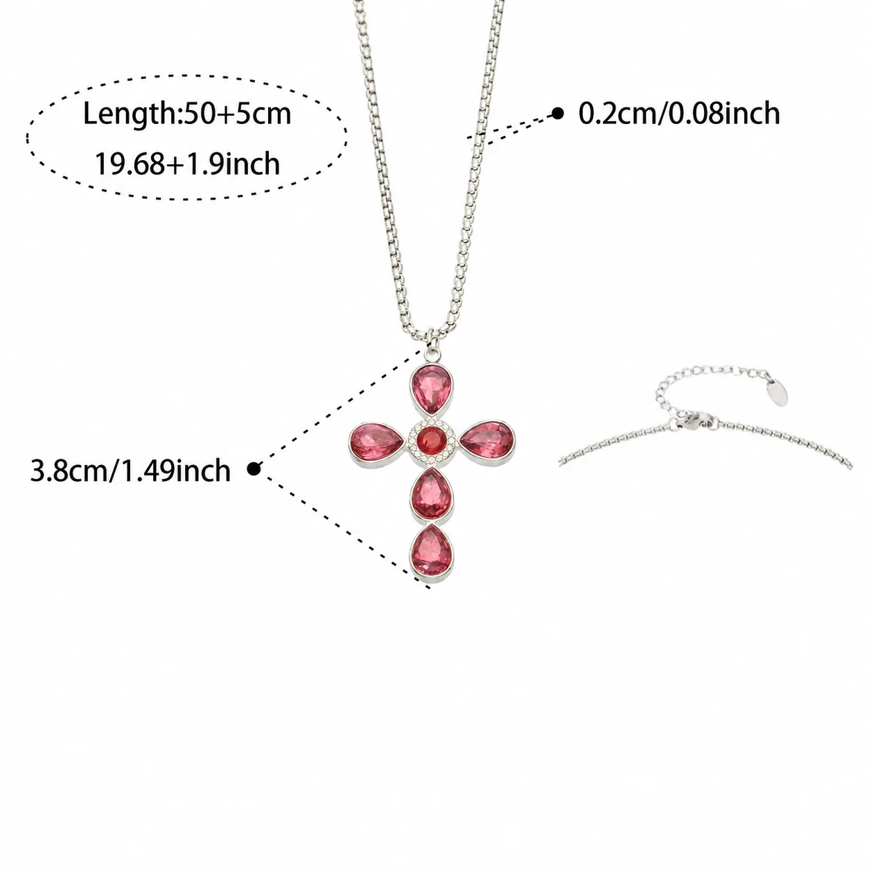 Cross Pendant Necklace with Teardrop CZ, Stainless Steel - Silver Red CZ With